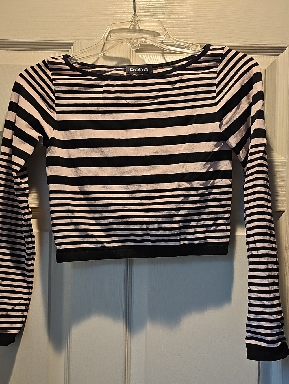 bebe Black and White Striped Long-Sleeve Crop Top
